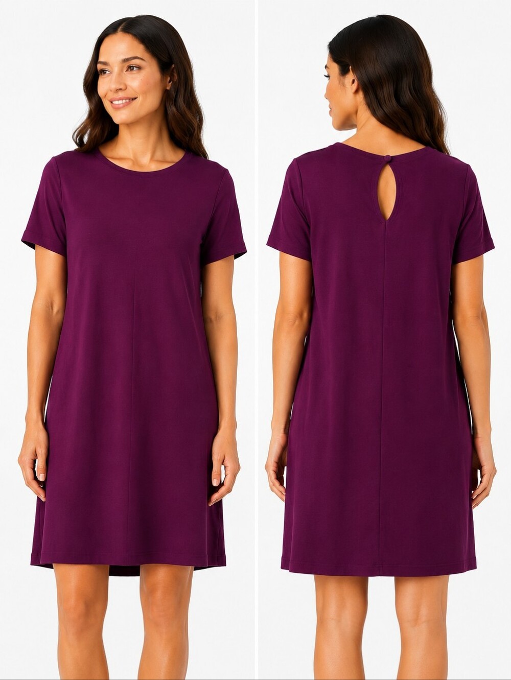 PETITE |Eileen Fisher Viscose Jersey Short Sleeve Keyhole Back Dress Plum Purple